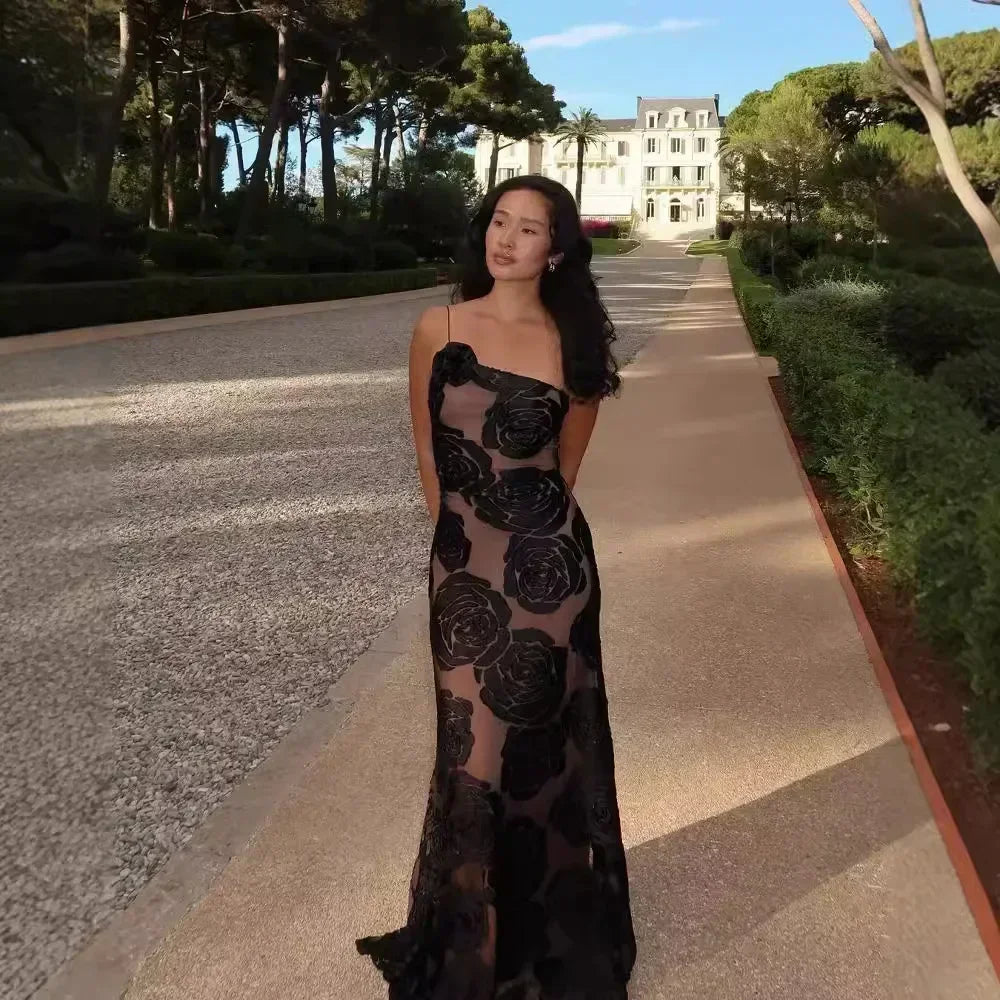 Roselisse One Shoulder Rose Appliqué Mesh Maxi Dress for Women - gallery