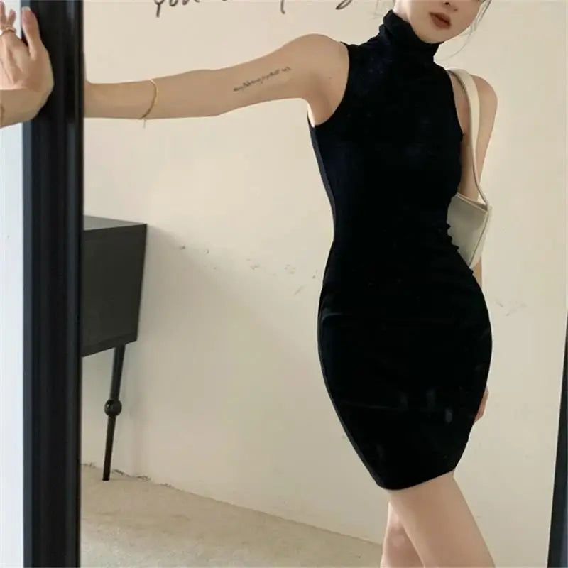 Summer Sexy High Neck Tight Dress for Women - Sleeveless Black