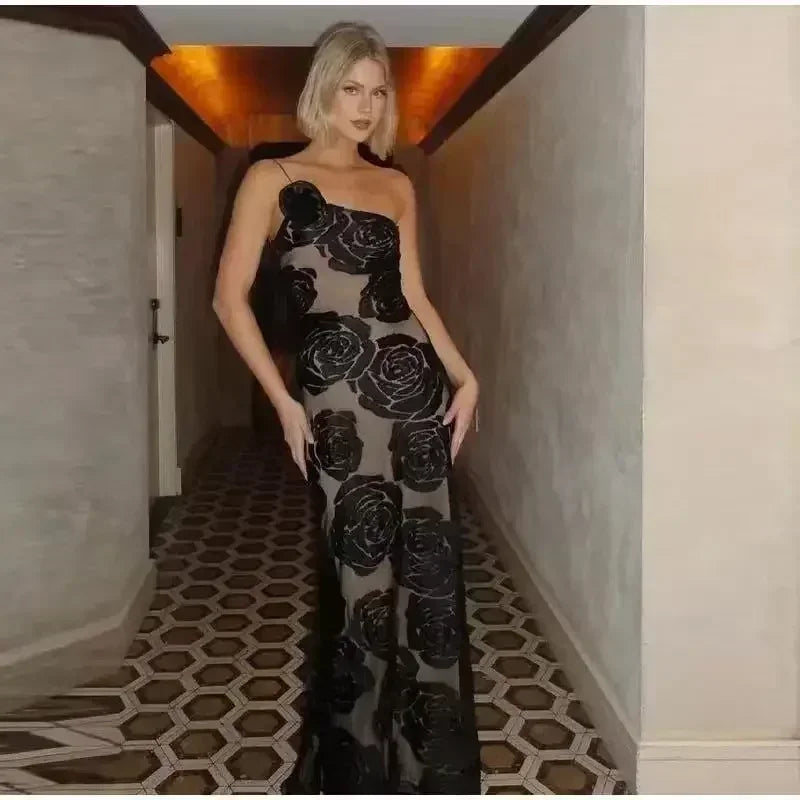 Roselisse One Shoulder Rose Appliqué Mesh Maxi Dress for Women - gallery