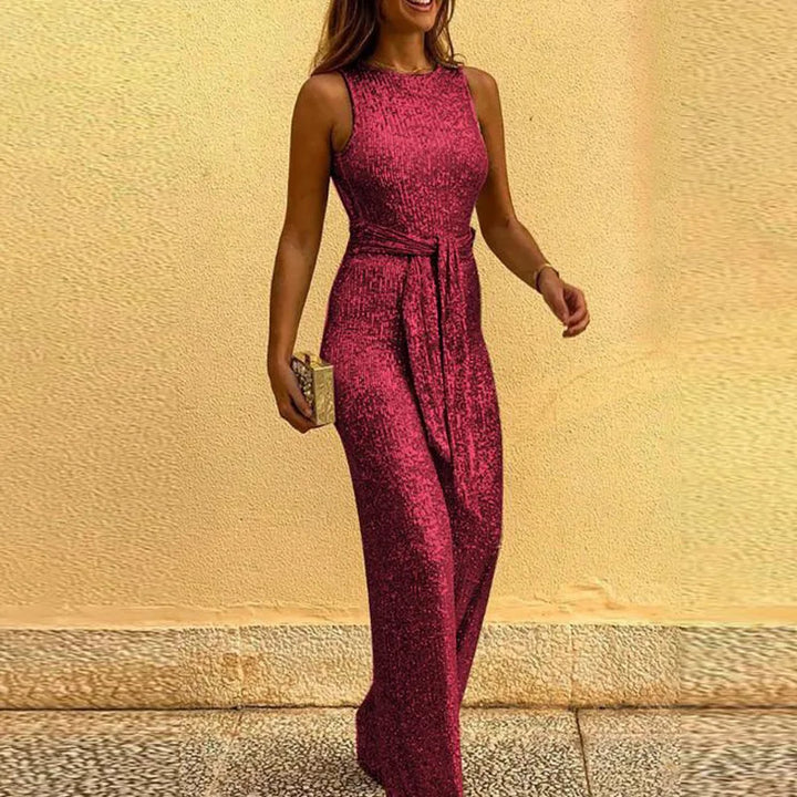 Sequin Jumpsuit with High Neckline and Jogger Trousers