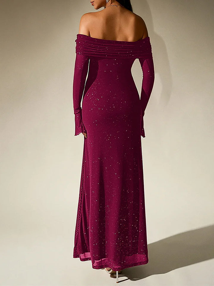 Aurevielle Off Shoulder Glitter Mesh Maxi Dress for Women - gallery