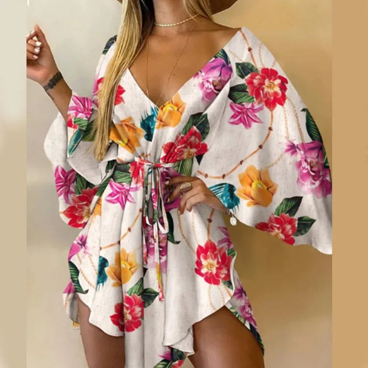 Print Dress Sexy V-Neck for Women - Fuchsia
