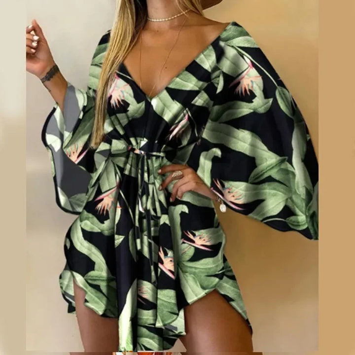 Print Dress Sexy V-Neck for Women - Green