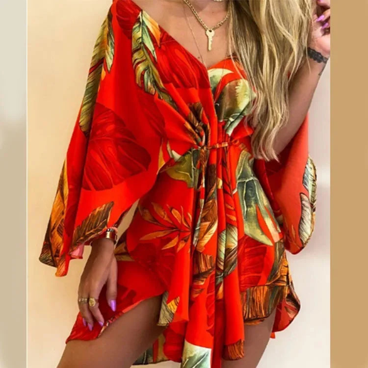 Print Dress Sexy V-Neck for Women - Red