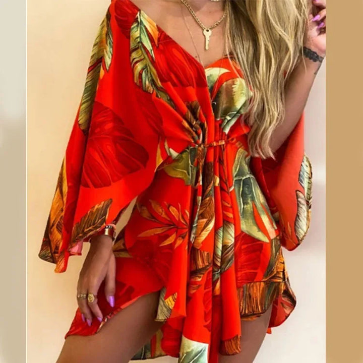 Print Dress Sexy V-Neck for Women - Red