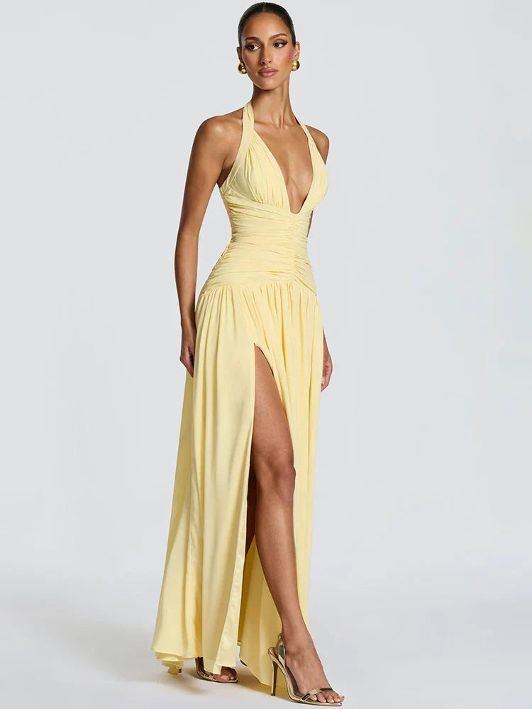 Elira Halter Neck Maxi Dress – Deep V Backless Evening Gown, Ruched High... — gallery