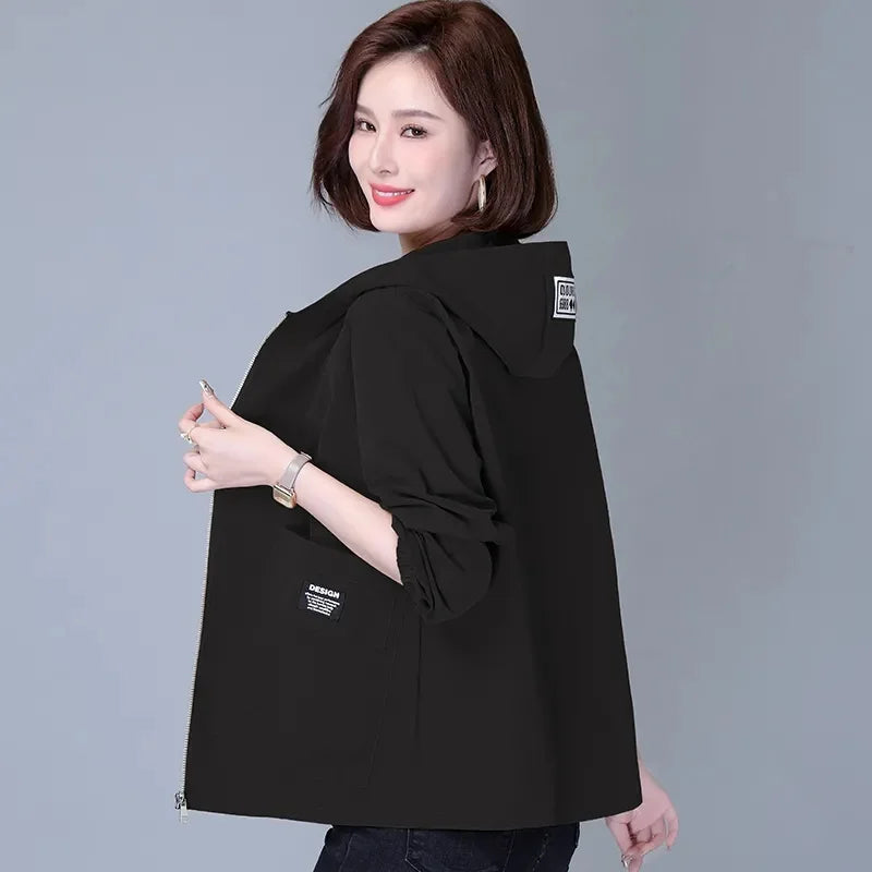 Jackets Hooded Summer Sun-Proof Zipper Trench Coats Loose Windbreaker Solid - Black