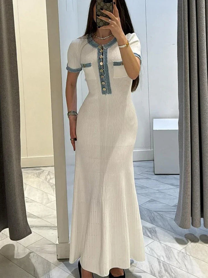 Polo Shirt Dress with Denim Patchwork in Maxi Length