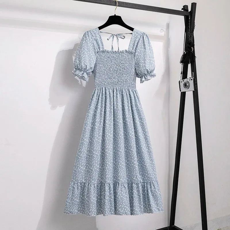 Spring Summer Chiffon Dresses Fashion Female Elastic Waist Short Sleeve Ple - gallery