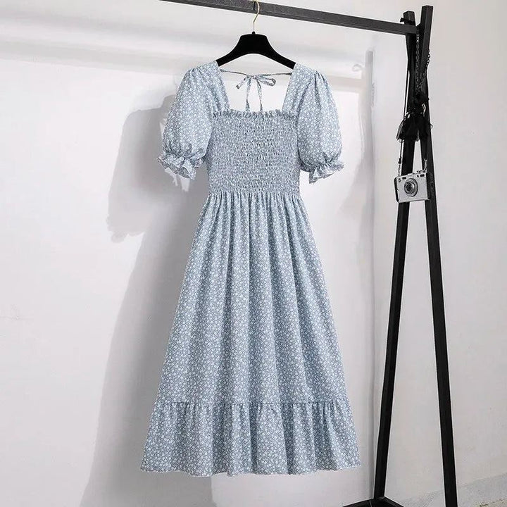 Spring Summer Chiffon Dresses Fashion Female Elastic Waist Short Sleeve Ple - gallery