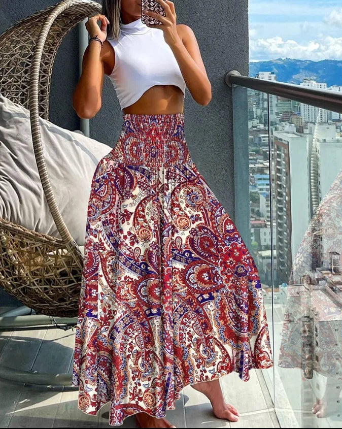 Flowing High-Waisted A-Line Skirt with Elastic Waist