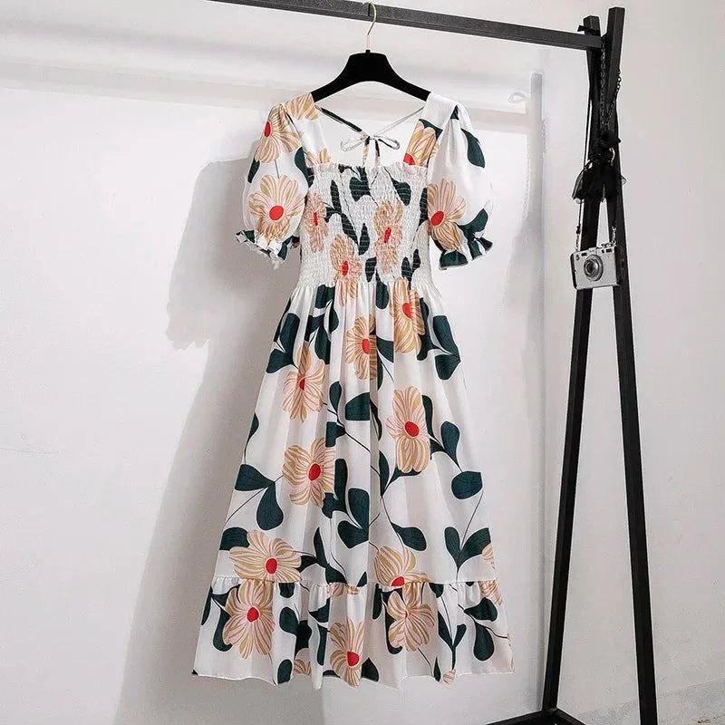 Spring Summer Chiffon Dresses Fashion Female Elastic Waist Short Sleeve Ple - gallery