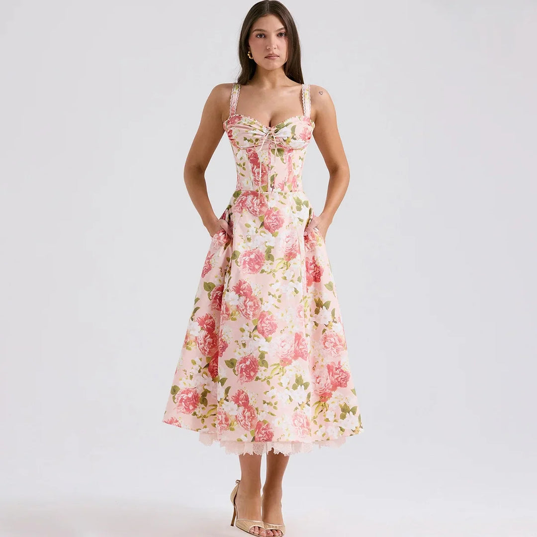 Roselisse Rose Print Corset Midi Dress with Wide Straps for Women - gallery