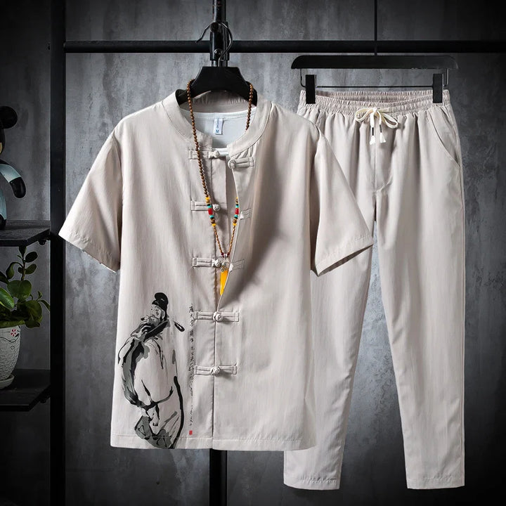 Premium Cotton-Linen Shirt and Trousers Set for Men - Cream