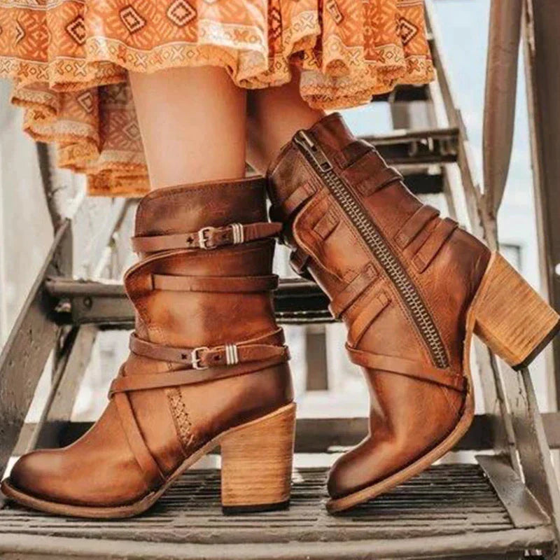 Retro-Style Block-Heel Suede Ankle Boots for Women