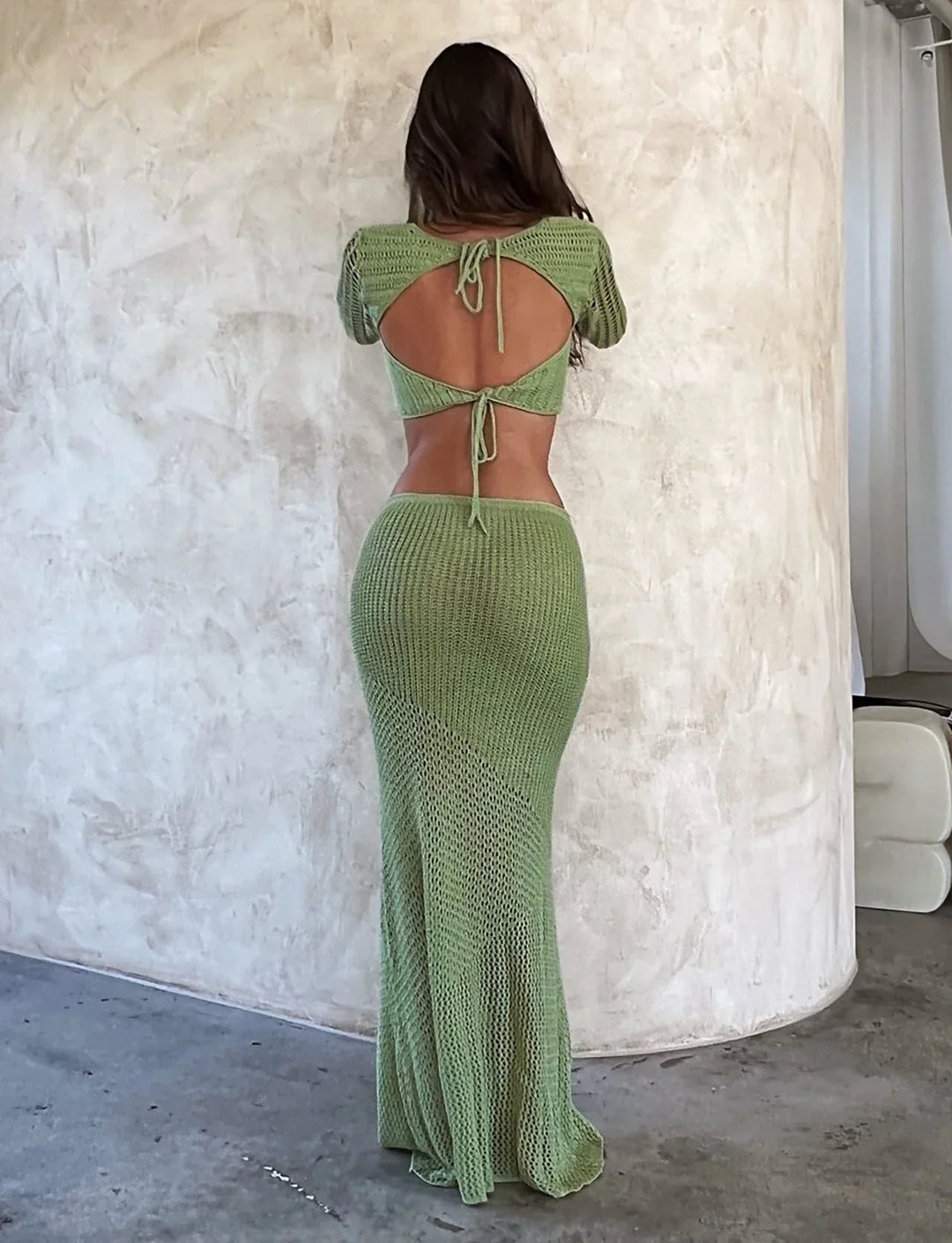 Seraya Crochet Two-Piece Maxi Skirt Set – Long Sleeve Cut Out Top Backless... — gallery