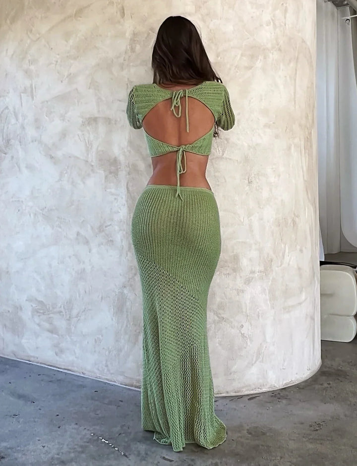 Seraya Crochet Two-Piece Maxi Skirt Set – Long Sleeve Cut Out Top Backless... — gallery