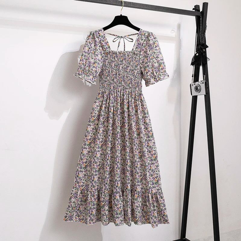 Spring Summer Chiffon Dresses Fashion Female Elastic Waist Short Sleeve Ple - Purple Floral