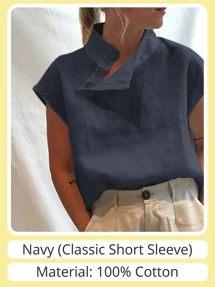 Stylish Cotton Linen Summer Blouse for Women - Navy