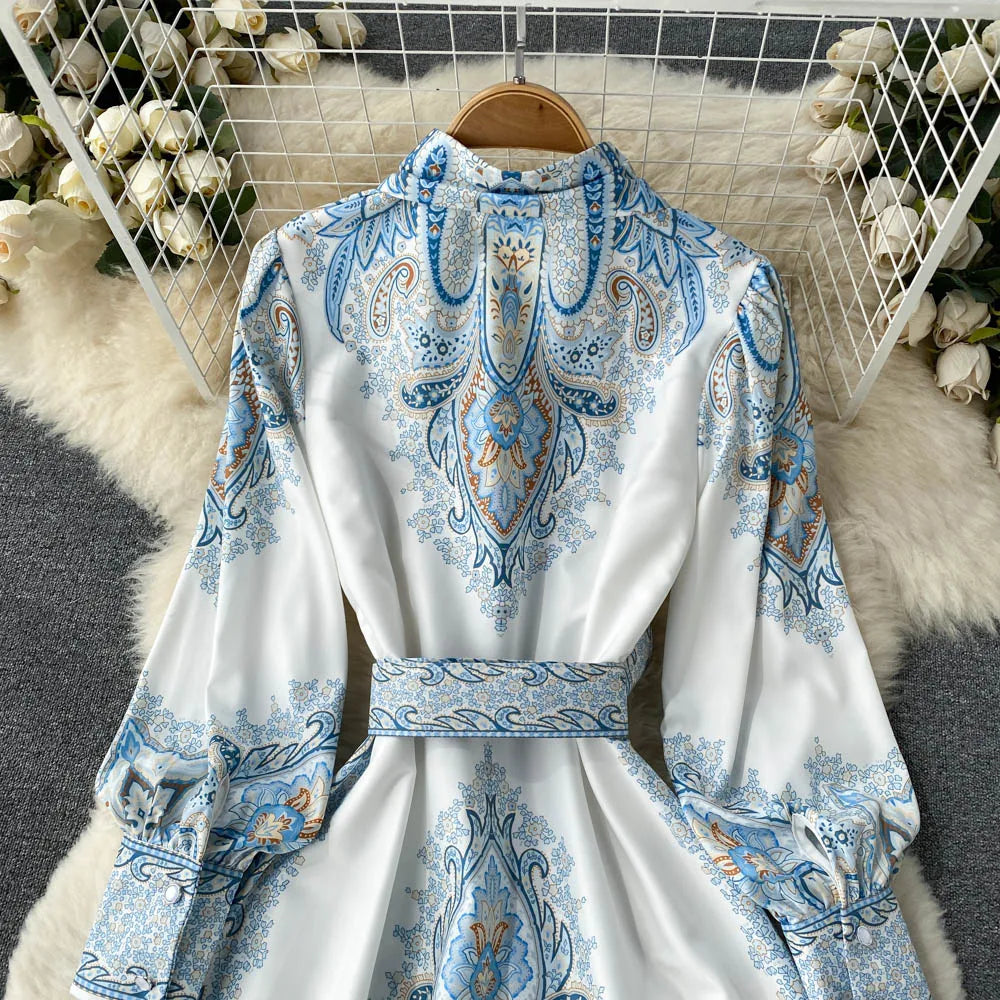 Floral Print A-Line Dress with Folded Collar and Belt
