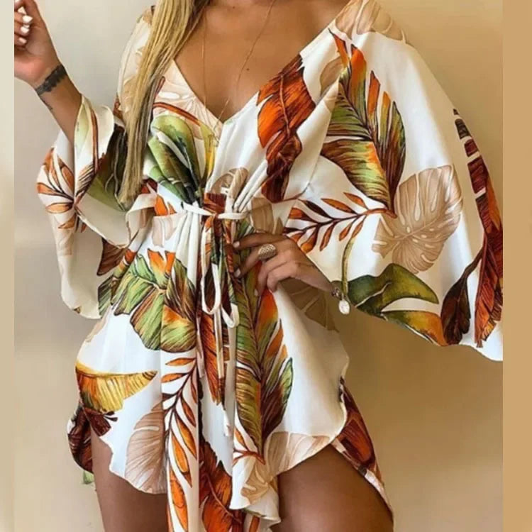 Print Dress Sexy V-Neck for Women - Light Green