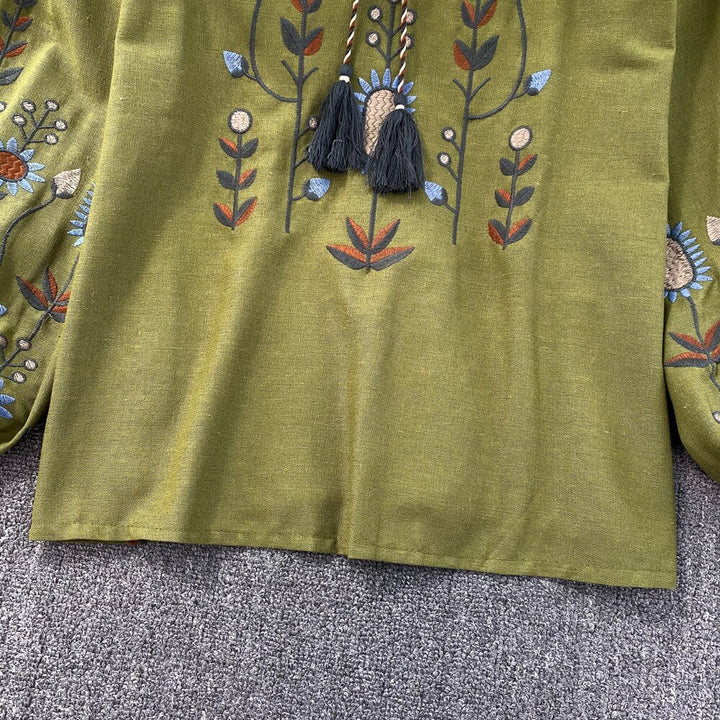 Embroidered O-Neck Loose Fit Blouse for Women - gallery