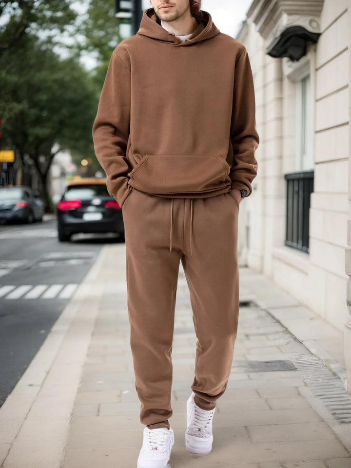 Men's Solid Fleece Hoodie and Joggers Set - Brown