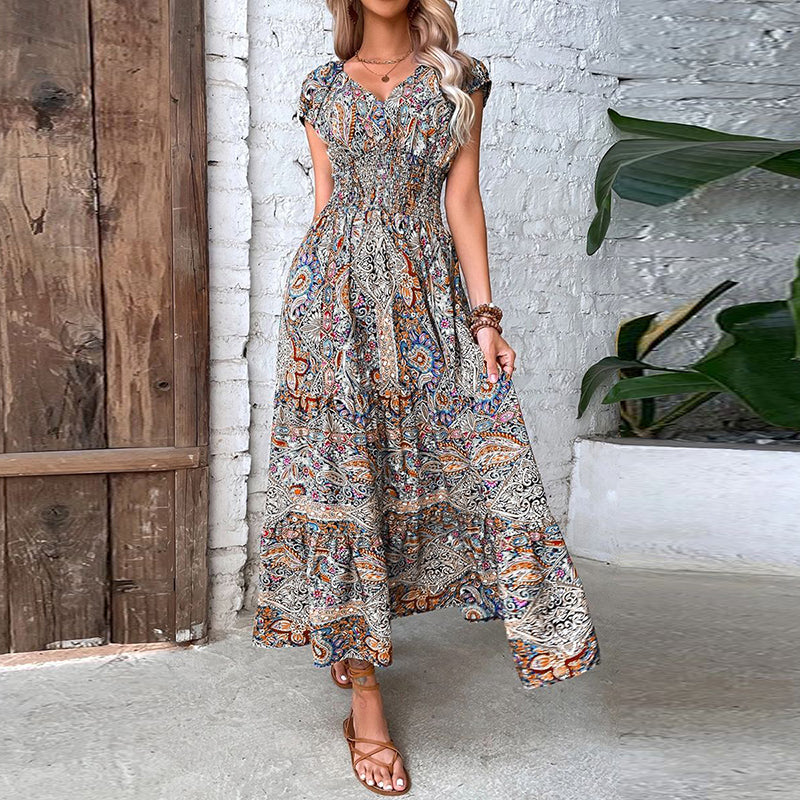 Bohemian Maxi Dress with Lace Trim and Vintage Print