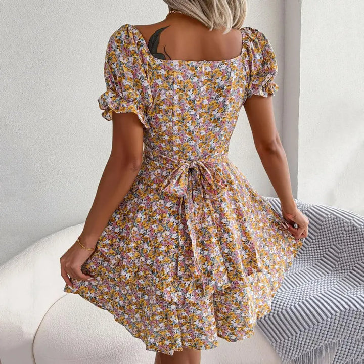 Square-Neck Floral Dress with Puff Sleeves for Women