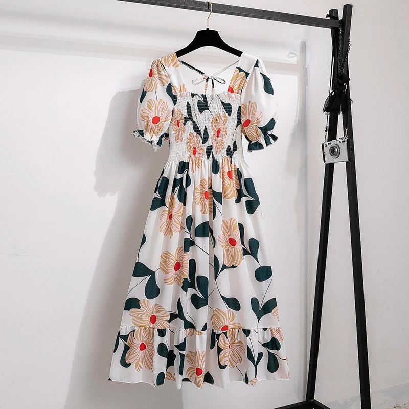 Spring Summer Chiffon Dresses Fashion Female Elastic Waist Short Sleeve Ple - gallery
