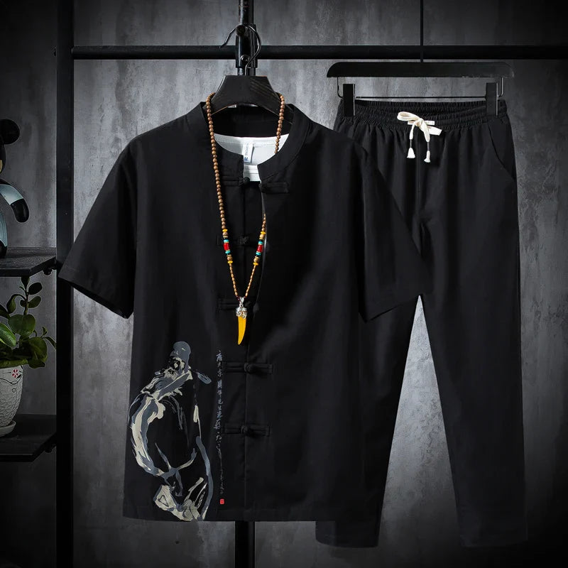 Premium Cotton-Linen Shirt and Trousers Set for Men - Black