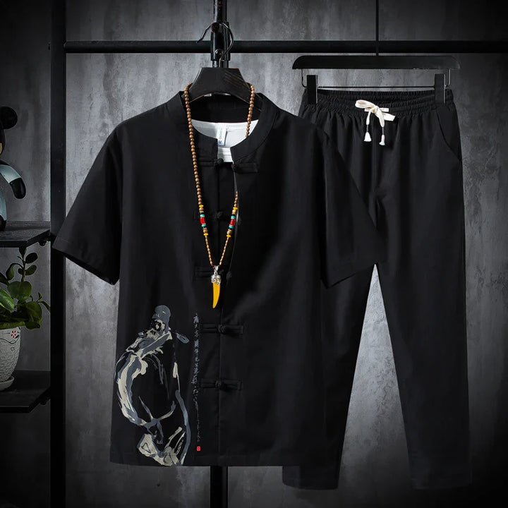 Premium Cotton-Linen Shirt and Trousers Set for Men - Black