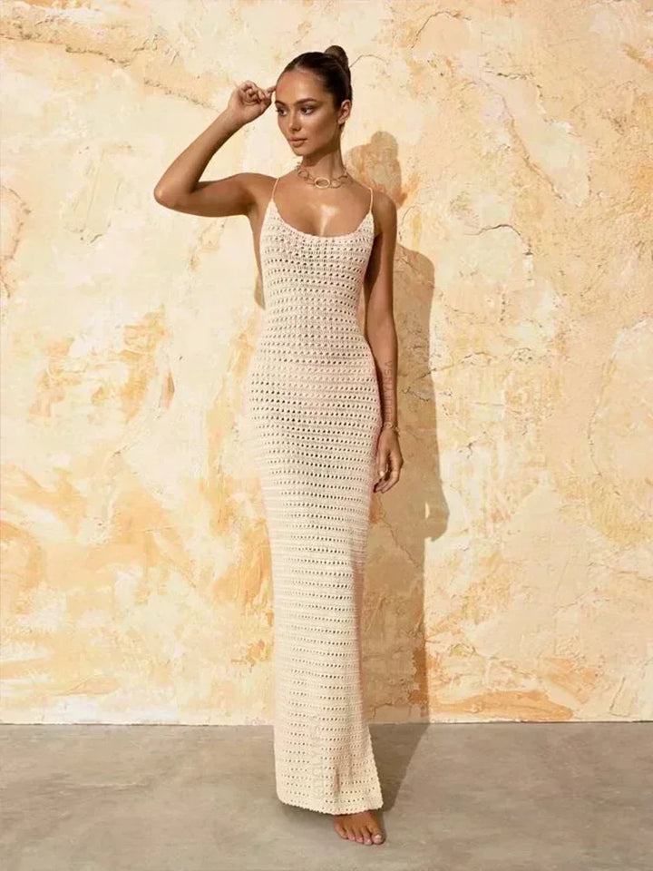 Sorelle Crochet Backless Maxi Dress – Strappy Knit Beach Dress with Side...