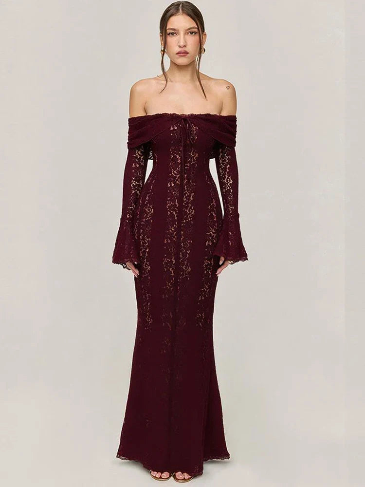 Off the Shoulder Lace Dress for Women - Plum