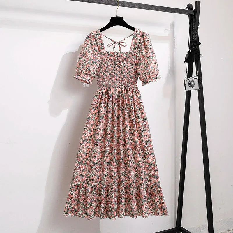 Spring Summer Chiffon Dresses Fashion Female Elastic Waist Short Sleeve Ple - Pink Floral