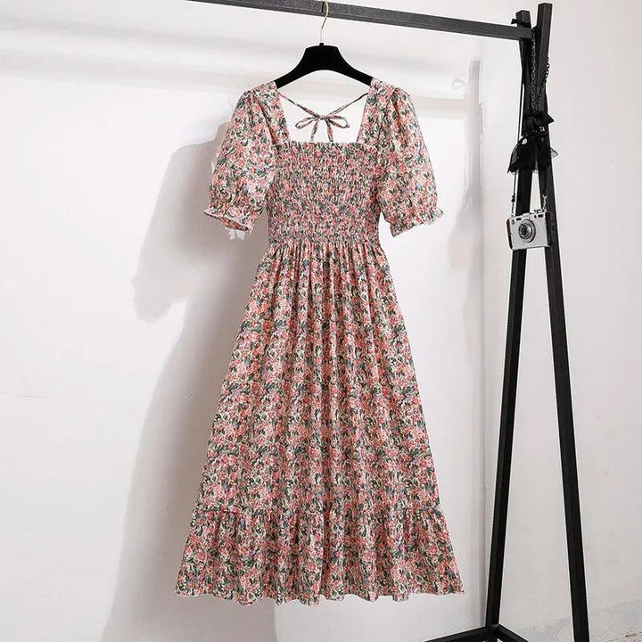 Spring Summer Chiffon Dresses Fashion Female Elastic Waist Short Sleeve Ple - Pink Floral