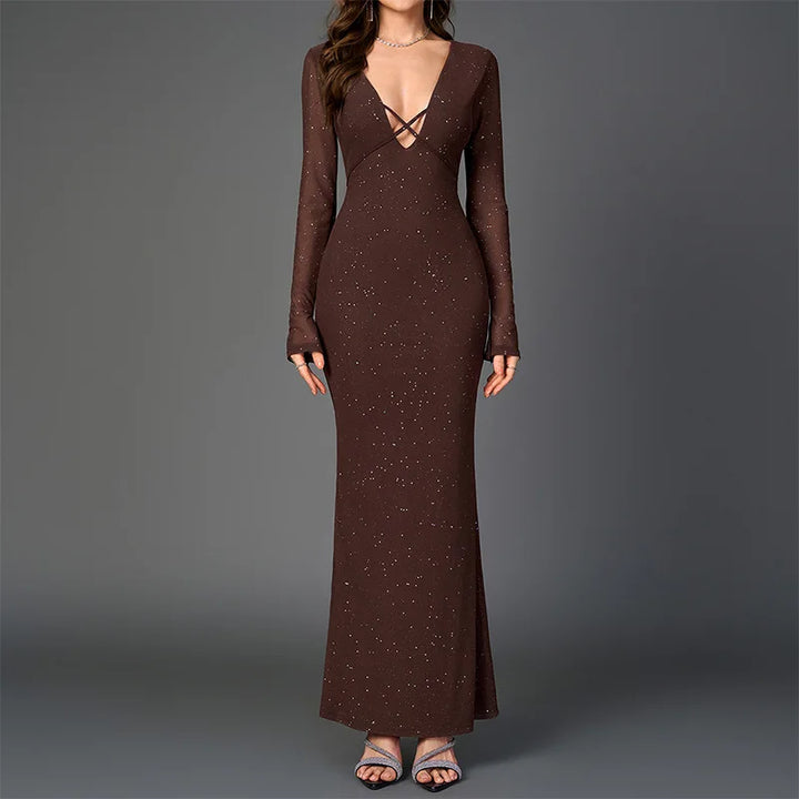 Vireya Long Sleeve Glitter Maxi Dress for Women - gallery