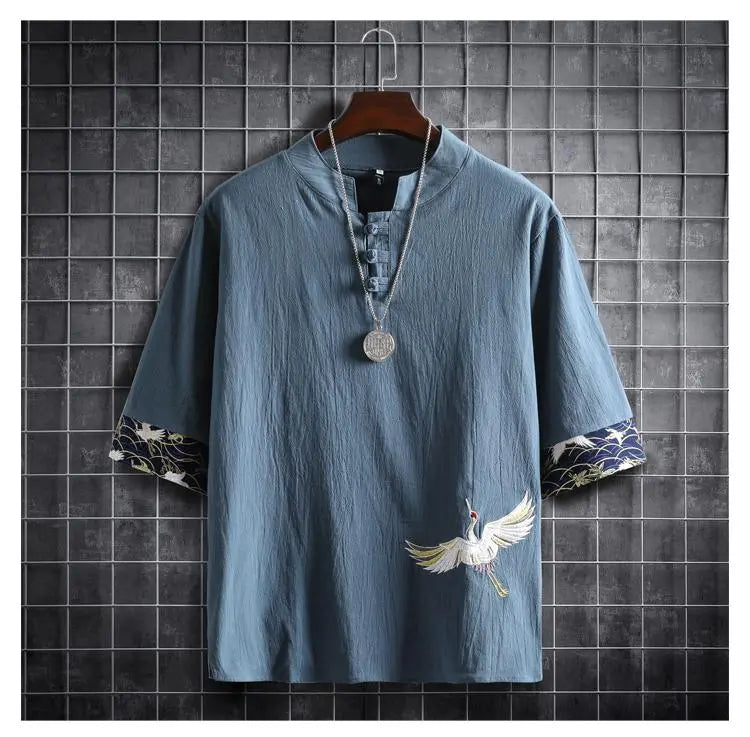 White Crane Chinese Style Shirt for Men - Grey