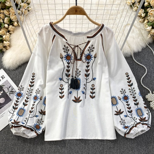 Embroidered O-Neck Loose Fit Blouse for Women - White
