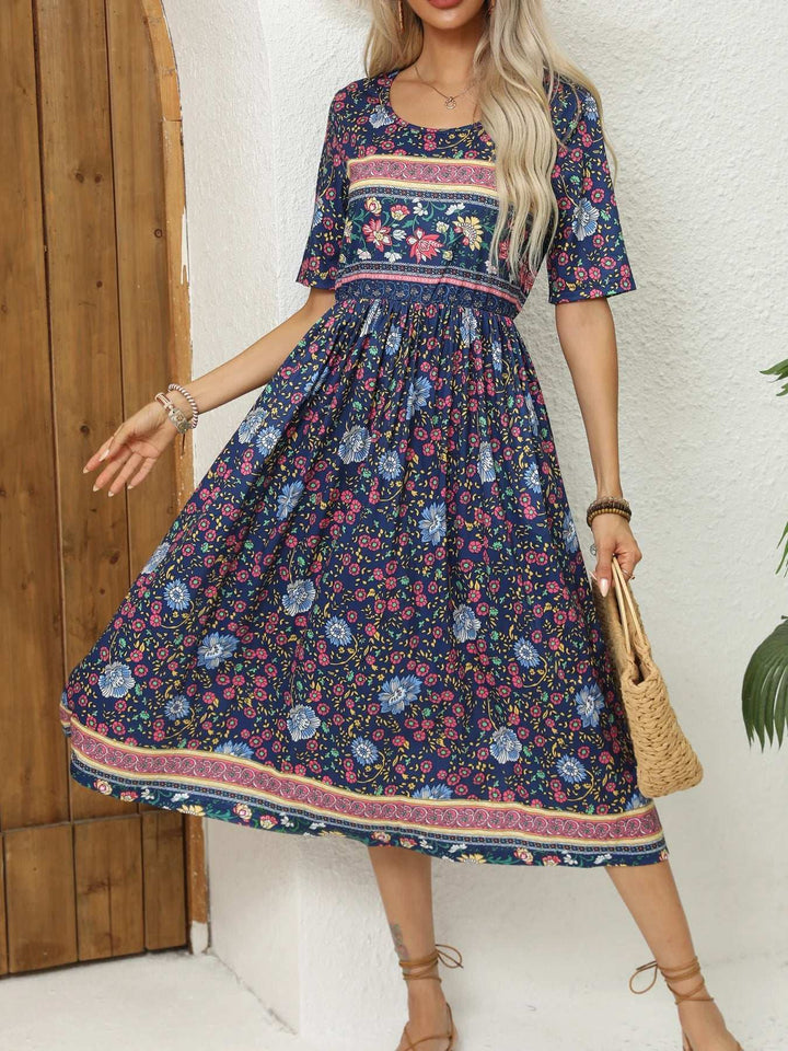Round Neck Short Sleeve Bohemian Print Dress for Women - Blue