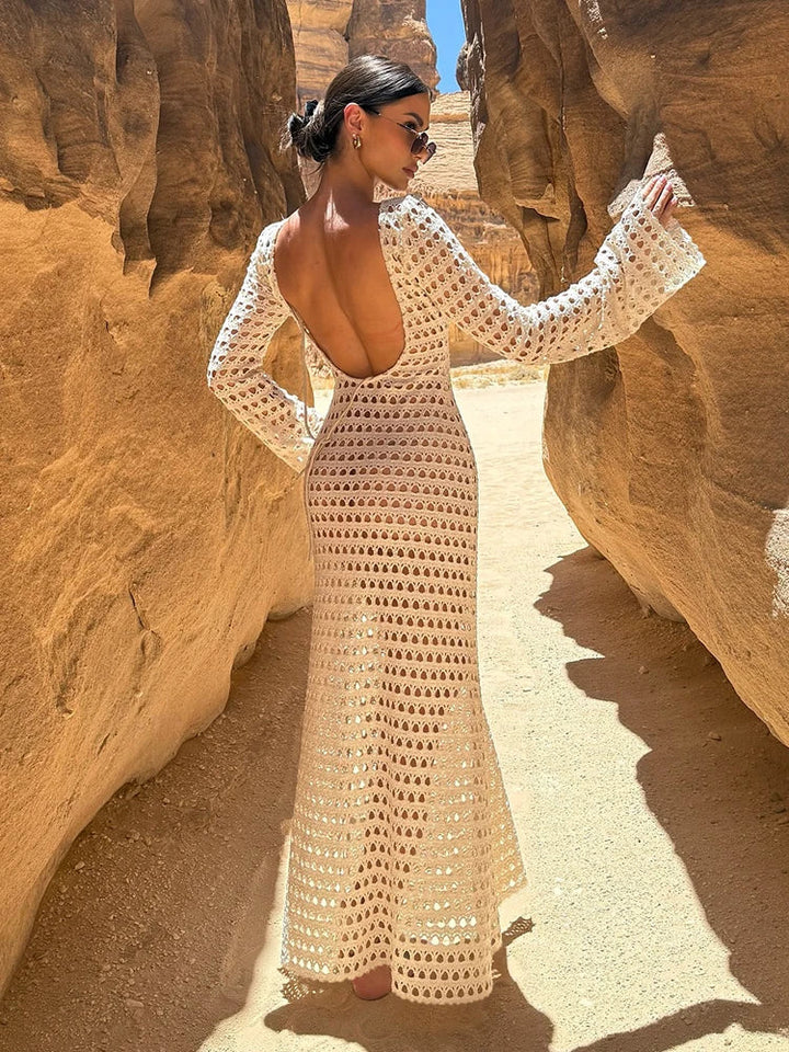 Zarevia Backless Crochet Knit Maxi Dress – Long Sleeve Sheer Swimwear Co... — Beige