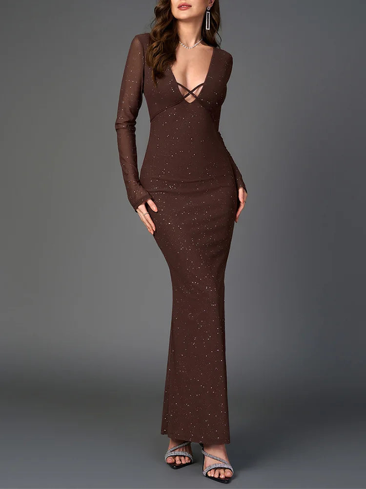 Vireya Long Sleeve Glitter Maxi Dress for Women - Brown