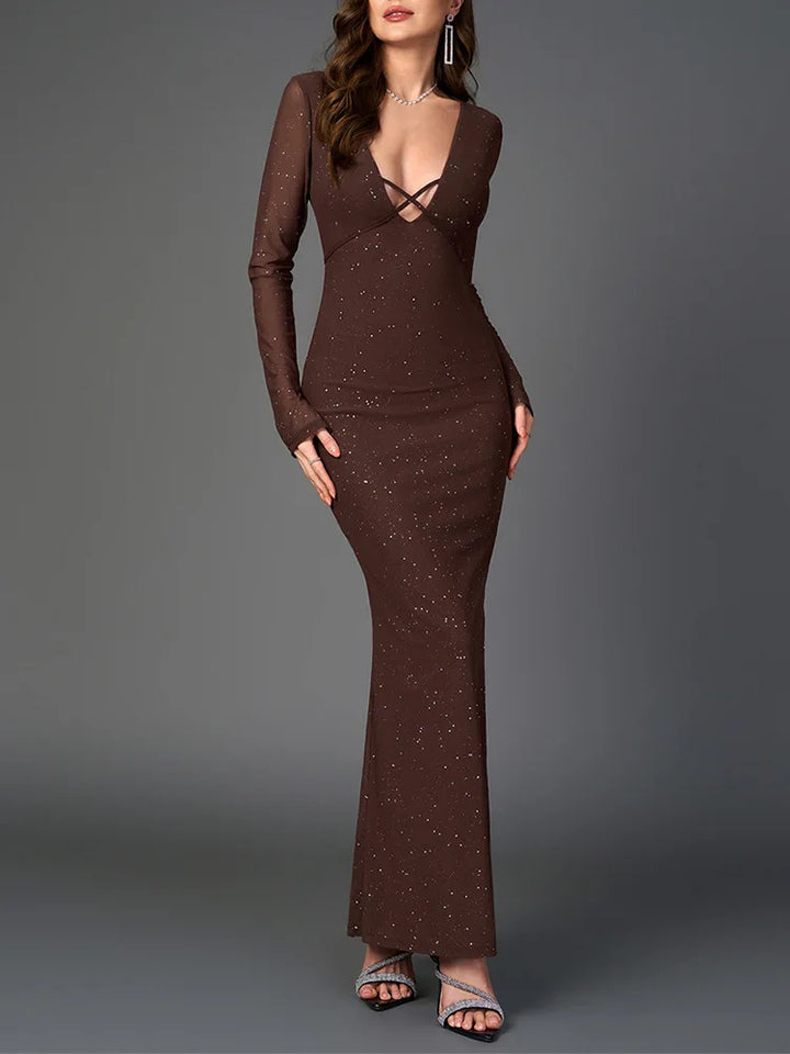Vireya Long Sleeve Glitter Maxi Dress for Women - Brown