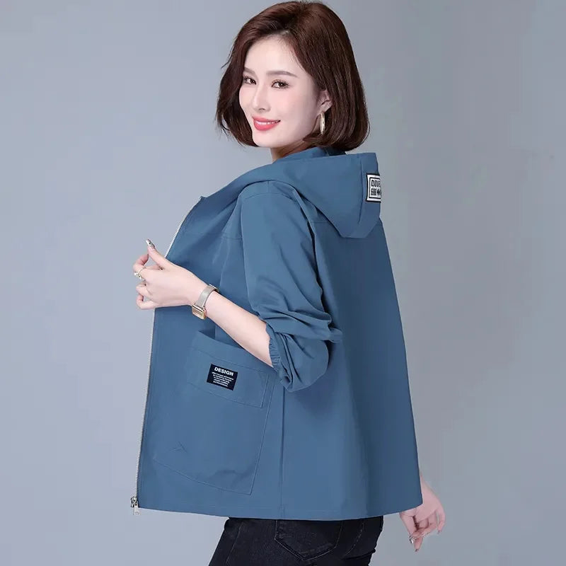 Jackets Hooded Summer Sun-Proof Zipper Trench Coats Loose Windbreaker Solid - Blue