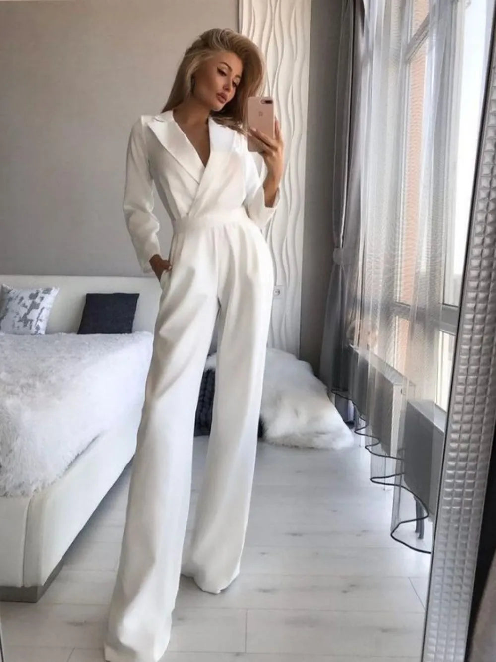 Flared Wide-Leg Jumpsuit with Deep V-Neck for Women