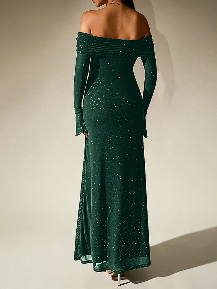Aurevielle Off Shoulder Glitter Mesh Maxi Dress for Women - gallery