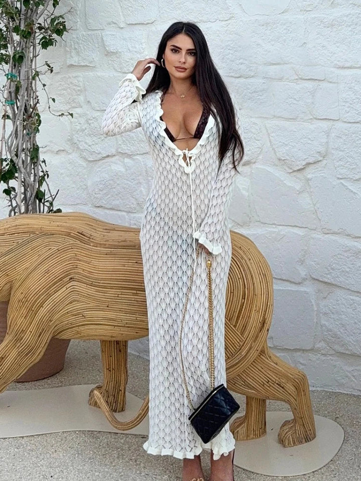 Aurelia Crochet Knit Beach Maxi Dress – Plunge Lace Up Cover Up with Ruf...