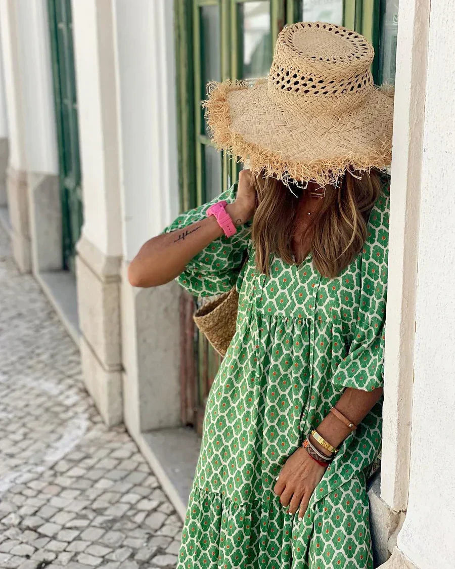 Long V-Neck Summer Dress with a Relaxed Silhouette