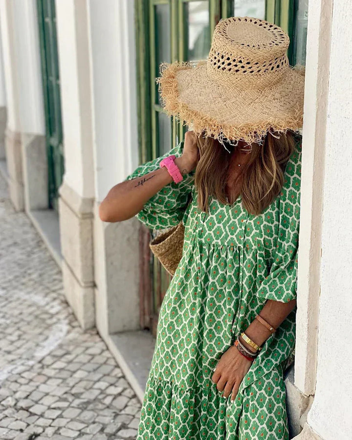 Long V-Neck Summer Dress with a Relaxed Silhouette