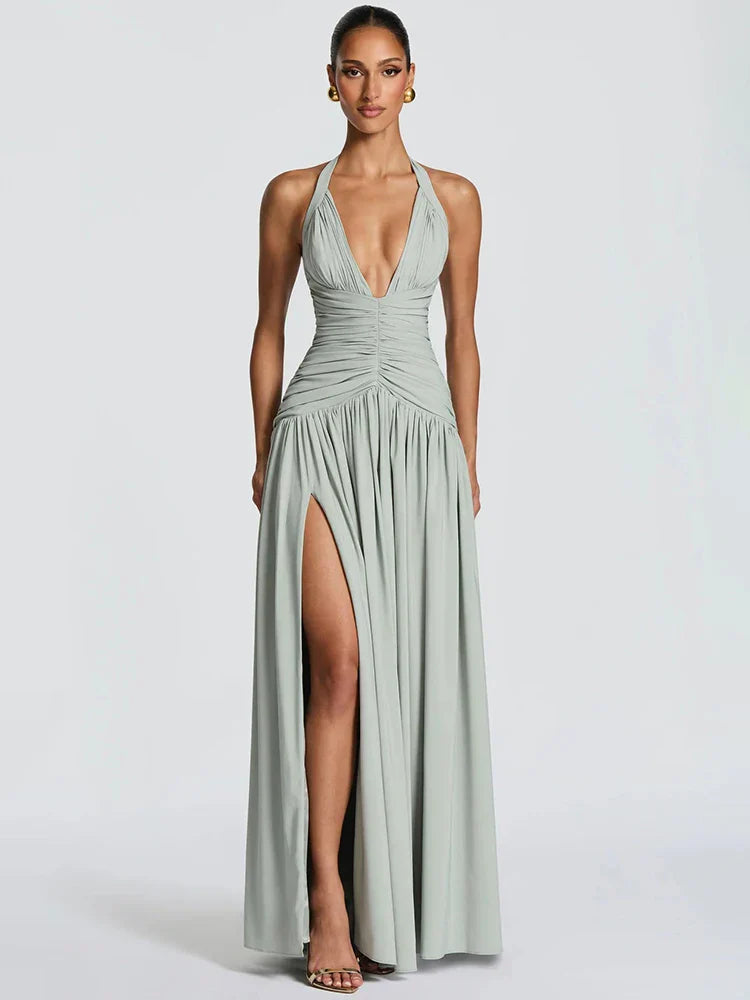 Elira Halter Neck Maxi Dress – Deep V Backless Evening Gown, Ruched High... — Sage